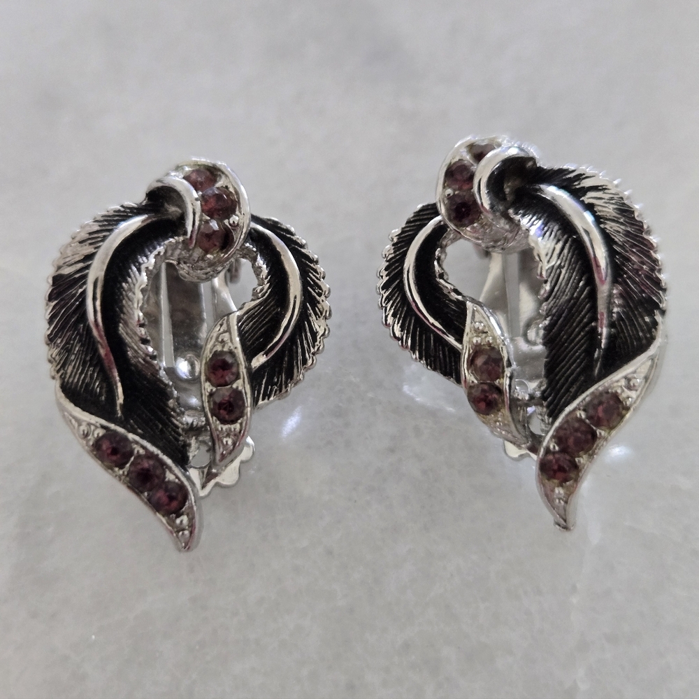 Vintage Silver and Berry Color Rhinestone Clip Earrings